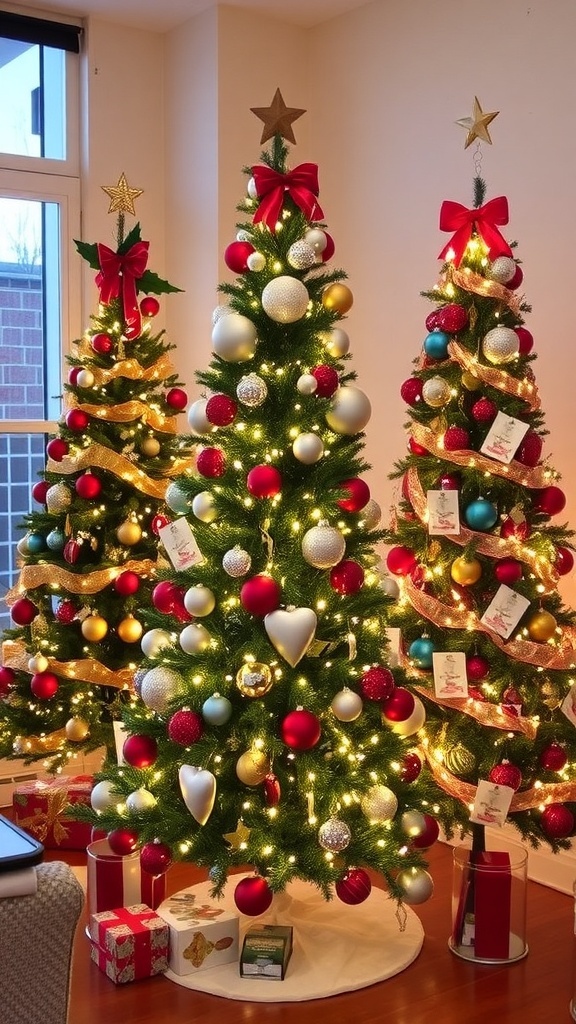 Three Christmas trees in a living room: classic with red and gold, modern minimalist with metallic, and whimsical with colorful decorations.